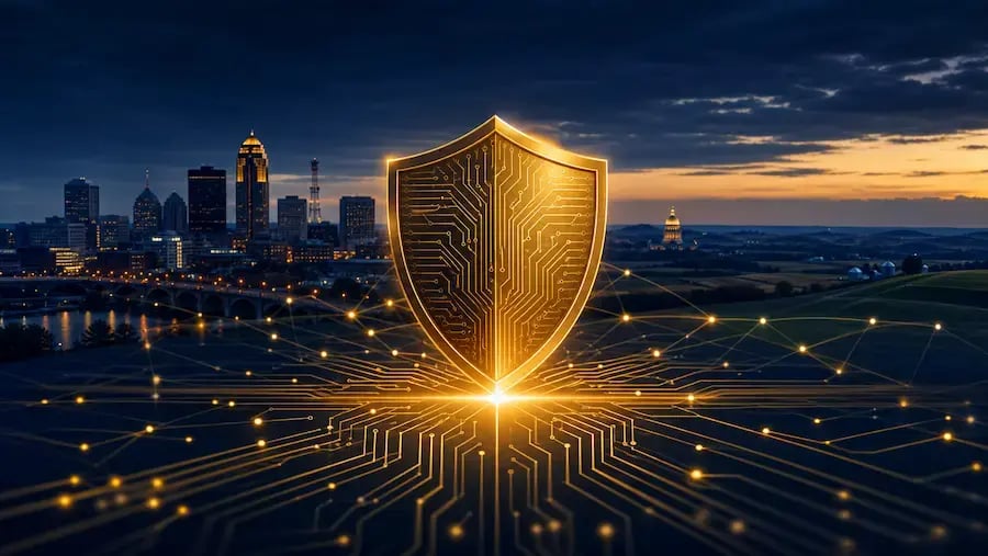 Dark_blue_and_gold_cyber_insurance_blog_hero_image_with_Des_Moines_skyline_and_digital_shield